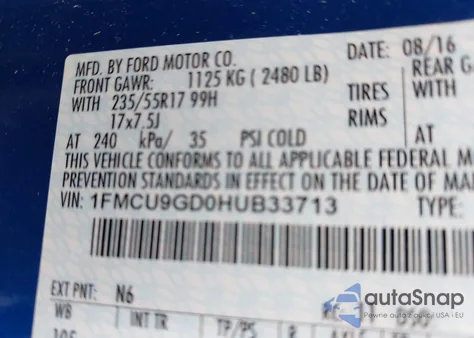 2017 Ford Escape Se из США, поврежденный, VIN 1FMCU9GD0HUB33713